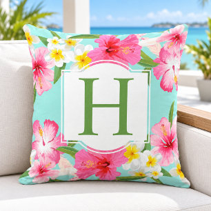 Tropical Hibiscus Monogram Aqua Floral Outdoor Pillow