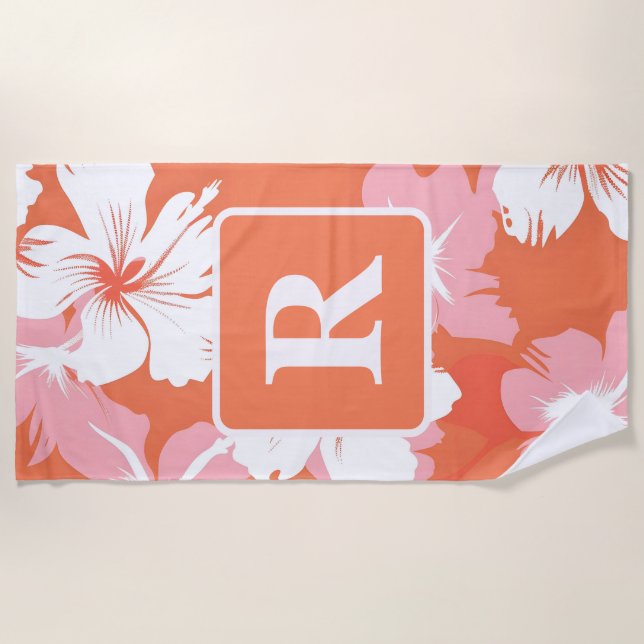 Tropical Hibiscus Monogram personalized Beach Towel (Front)