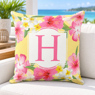 Tropical Hibiscus Monogram Yellow Floral Outdoor Pillow