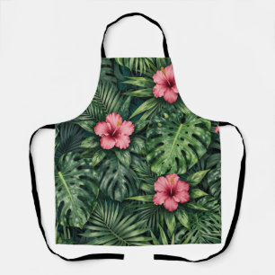 Tropical Hibiscus Monstera Jungle Pattern Apron