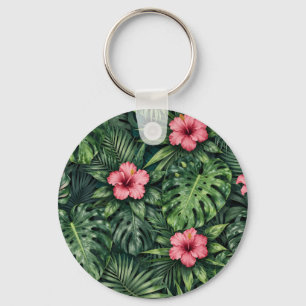 Tropical Hibiscus Monstera Jungle Pattern Keychain