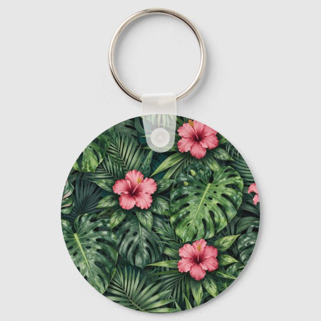 Tropical Hibiscus Monstera Jungle Pattern Keychain (Front)