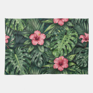 Tropical Hibiscus Monstera Jungle Pattern Kitchen Towel