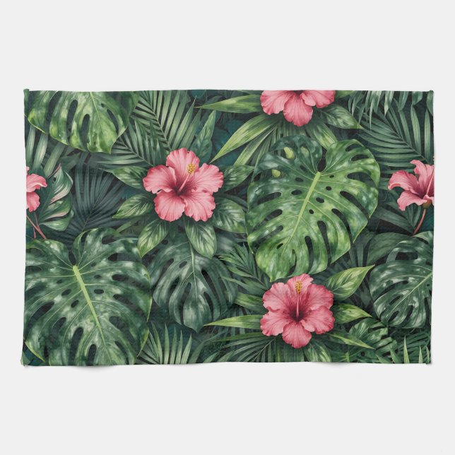 Tropical Hibiscus Monstera Jungle Pattern Kitchen Towel (Horizontal)