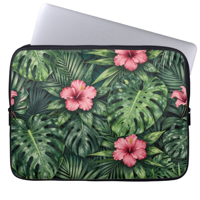 Tropical Hibiscus Monstera Jungle Pattern Laptop Sleeve (Front)