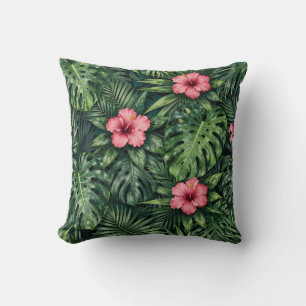 Tropical Hibiscus Monstera Jungle Pattern Throw Pillow