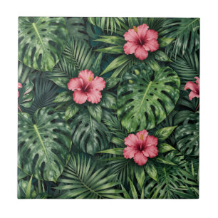 Tropical Hibiscus Monstera Jungle Pattern Tile