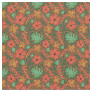 Tropical Hibiscus Monstera Leaf Green Pattern  Fabric