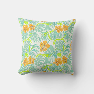 Tropical Hibiscus Monstera Leaf Pattern Home Decor Throw Pillow