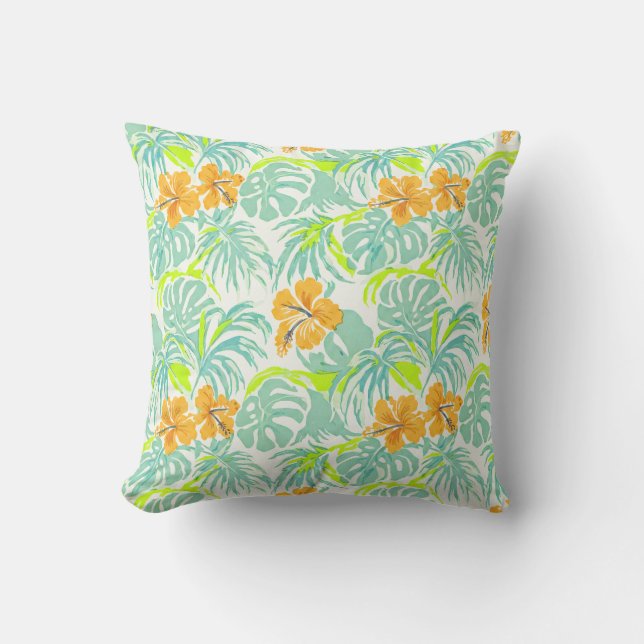 Tropical Hibiscus Monstera Leaf Pattern Home Decor Throw Pillow (Front)