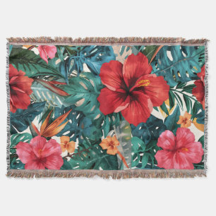 Tropical Hibiscus & Monstera Leaves Cozy Fleece Bl Throw Blanket