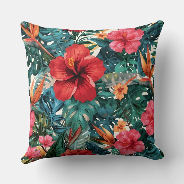 Tropical Hibiscus & Monstera Leaves Throw Pillow | (Back)