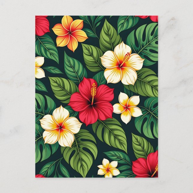 Tropical Hibiscus Monstera Pattern Postcard (Front)