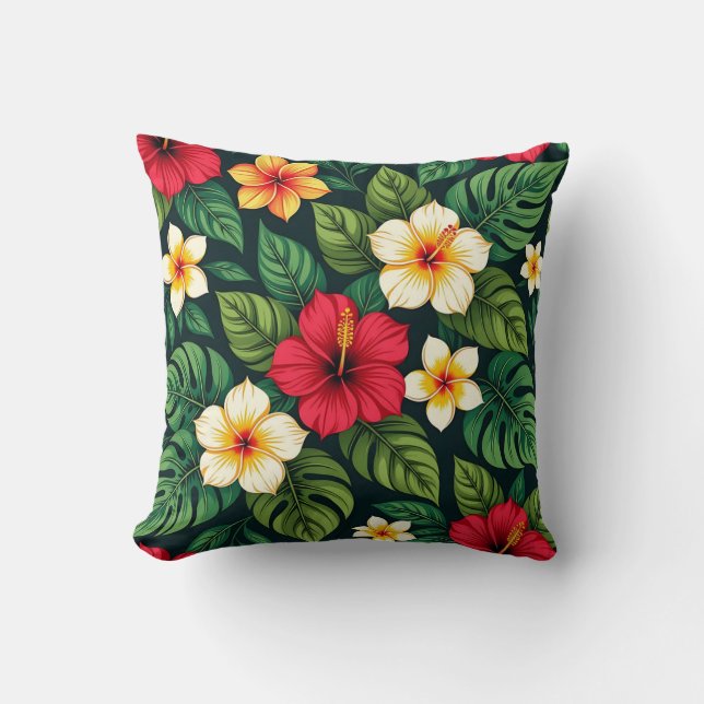 Tropical Hibiscus Monstera Pattern Throw Pillow (Front)
