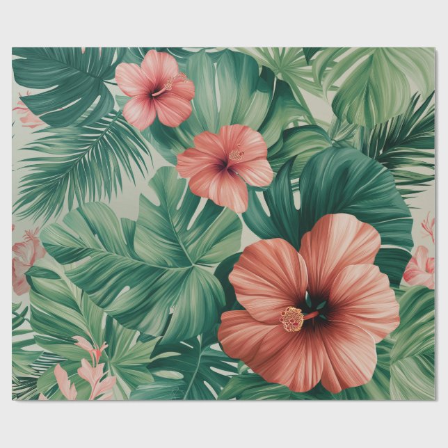 Tropical Hibiscus & Monstera Wrapping Paper (Flat)