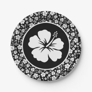 Tropical Hibiscus on Black Paper Plate