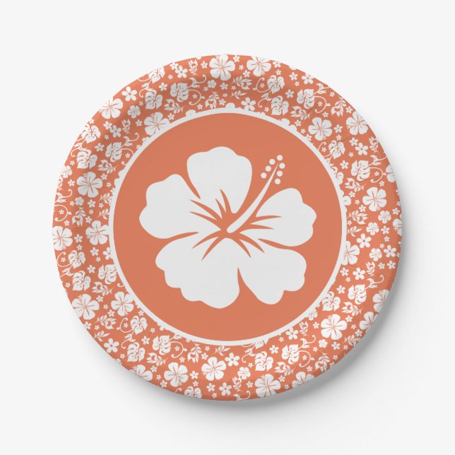 Tropical Hibiscus on Peach Paper Plate (Front)