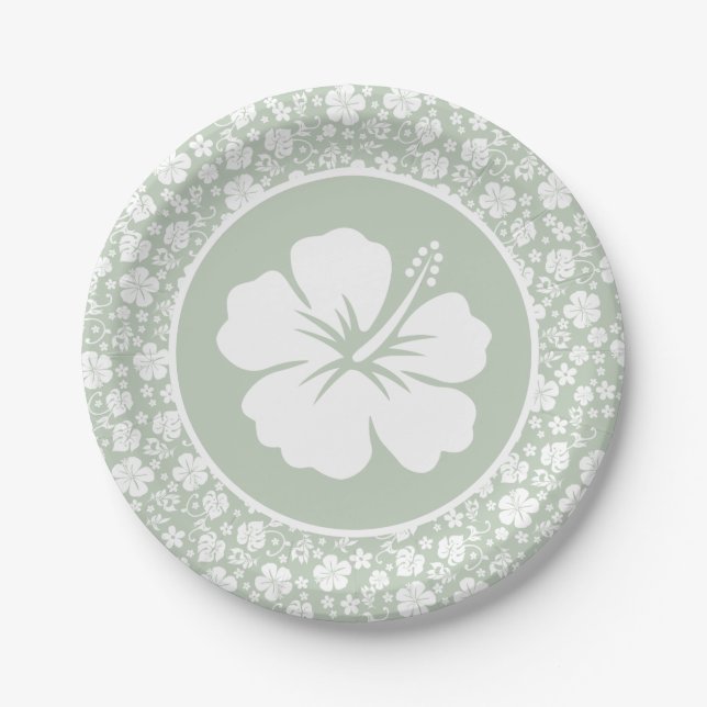Tropical Hibiscus Pale Green Paper Plate (Front)