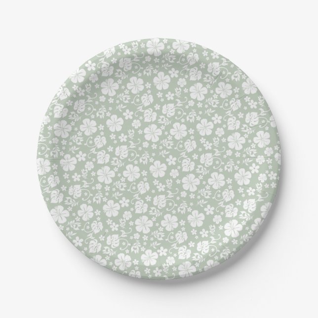 Tropical Hibiscus Pale Green Paper Plate (Front)
