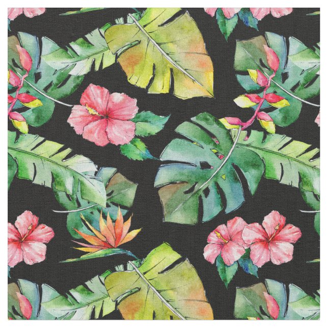 Tropical Hibiscus Palm Leaves Black Pattern Fabric (Close Up)