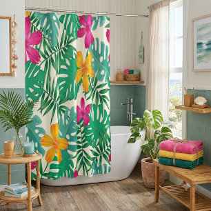 Tropical hibiscus & palm leaves. Coastal Summer.