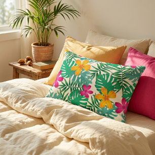 Tropical hibiscus & palm leaves. Coastal Summer. Accent Pillow