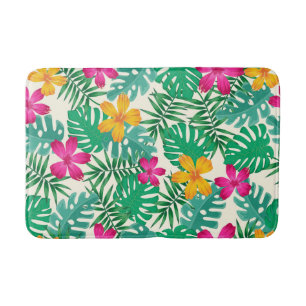 Tropical hibiscus & palm leaves. Coastal Summer.   Bath Mat