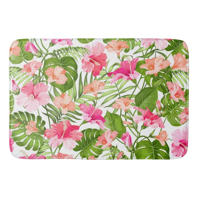 Tropical hibiscus palm monstera pattern bath mat (Front)