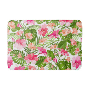 Tropical hibiscus palm monstera pattern bath mat