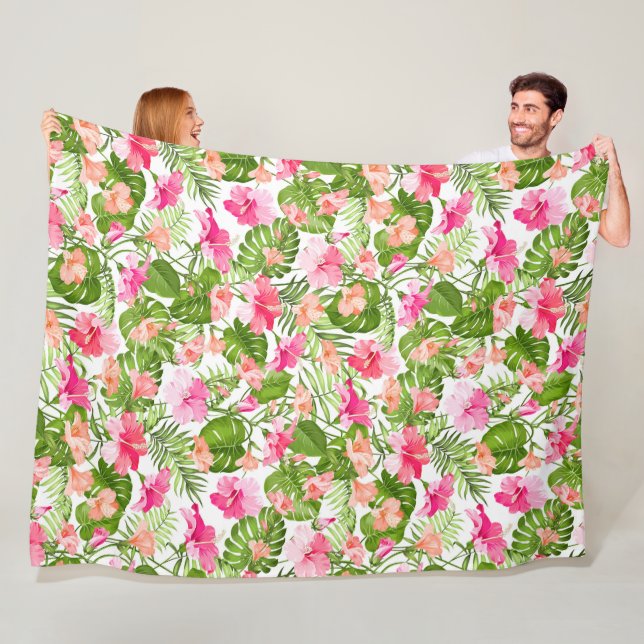 Tropical hibiscus palm monstera pattern fleece blanket (In Situ)