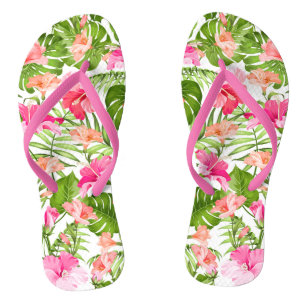 Tropical hibiscus palm monstera pattern flip flops