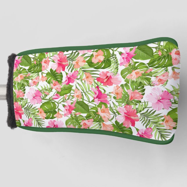 Tropical hibiscus palm monstera pattern golf head cover (Front)
