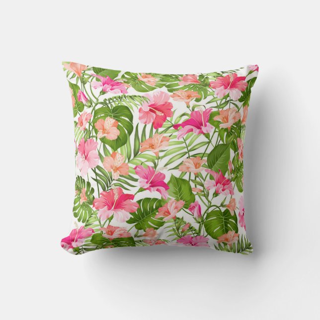 Tropical hibiscus palm monstera pattern throw pillow (Front)