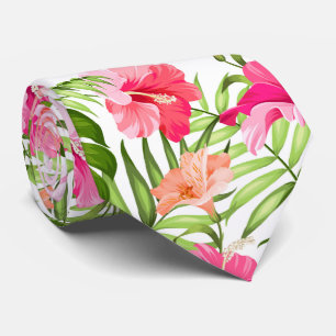 Tropical hibiscus palm monstera pattern tie