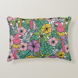 Tropical hibiscus, palm, parrots pattern. accent pillow