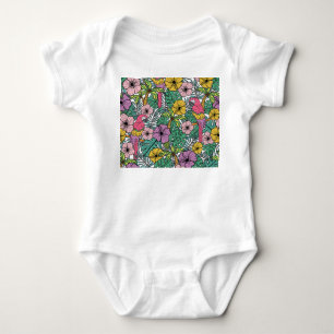 Tropical hibiscus, palm, parrots pattern. baby bodysuit