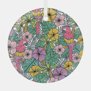 Tropical hibiscus, palm, parrots pattern. glass ornament
