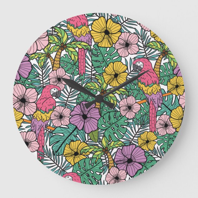 Tropical hibiscus, palm, parrots pattern. large clock (Front)