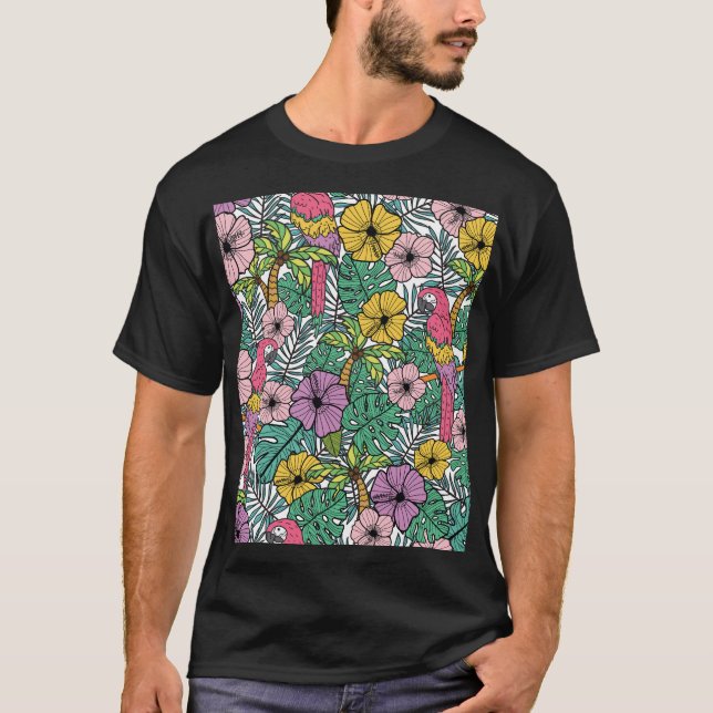 Tropical hibiscus, palm, parrots pattern. T-Shirt (Front)