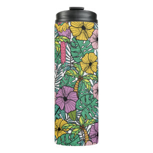 Tropical hibiscus, palm, parrots pattern. thermal tumbler