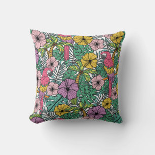 Tropical hibiscus, palm, parrots pattern. throw pillow