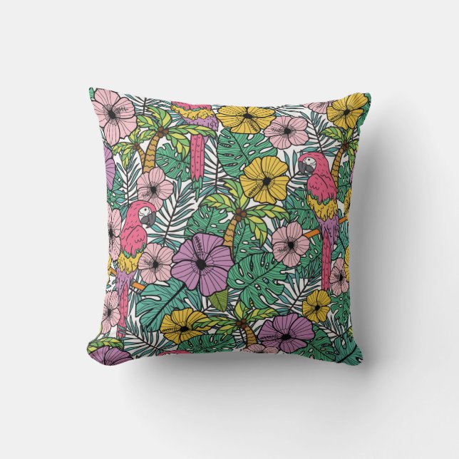 Tropical hibiscus, palm, parrots pattern. throw pillow (Front)