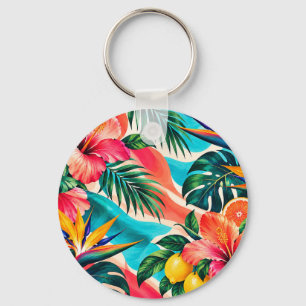 Tropical Hibiscus Paradise Botanical Art Keychain