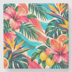 Tropical Hibiscus Paradise Botanical Art Stone Coaster