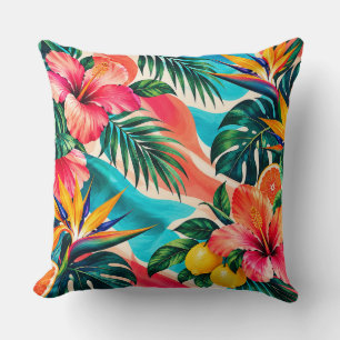 Tropical Hibiscus Paradise Botanical Art Throw Pillow
