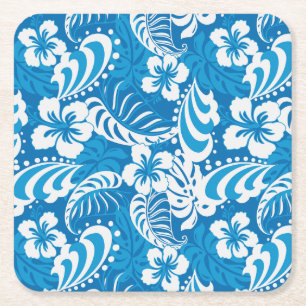 Tropical Hibiscus Pattern Square Paper Coaster