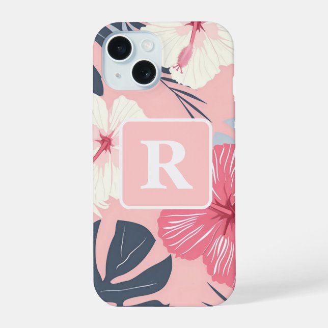 Tropical Hibiscus personalized Monogram iPhone 15 Case (Back)