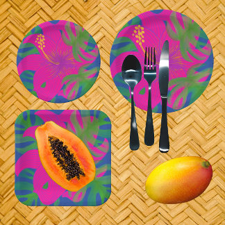 Tropical Hibiscus Philodendron  Paper Plate