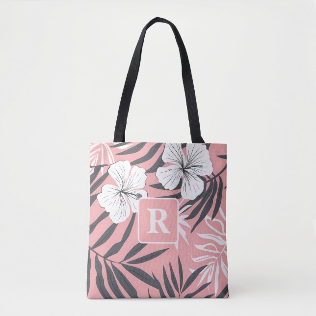 Tropical Hibiscus pink Monogram personalized Tote Bag (Front)