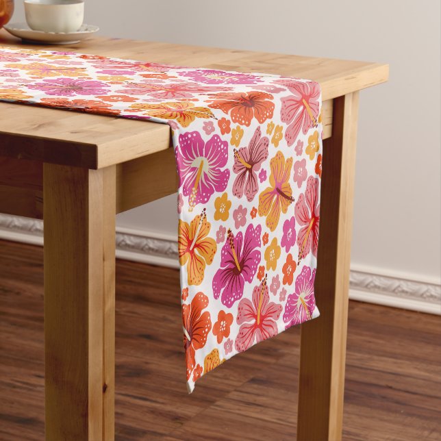 Tropical hibiscus - pink & orange short table runner (In Situ)